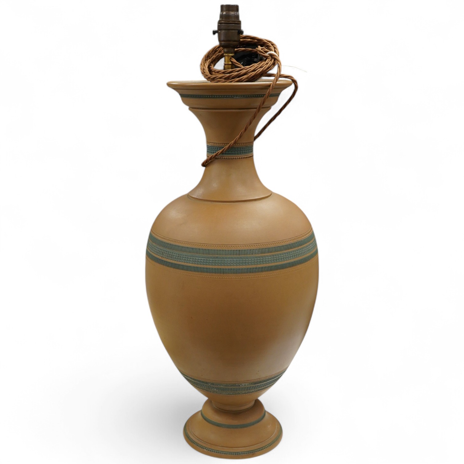 A Watcombe pottery lamp base, signed A Bartlett, 1880, overall 62cm high